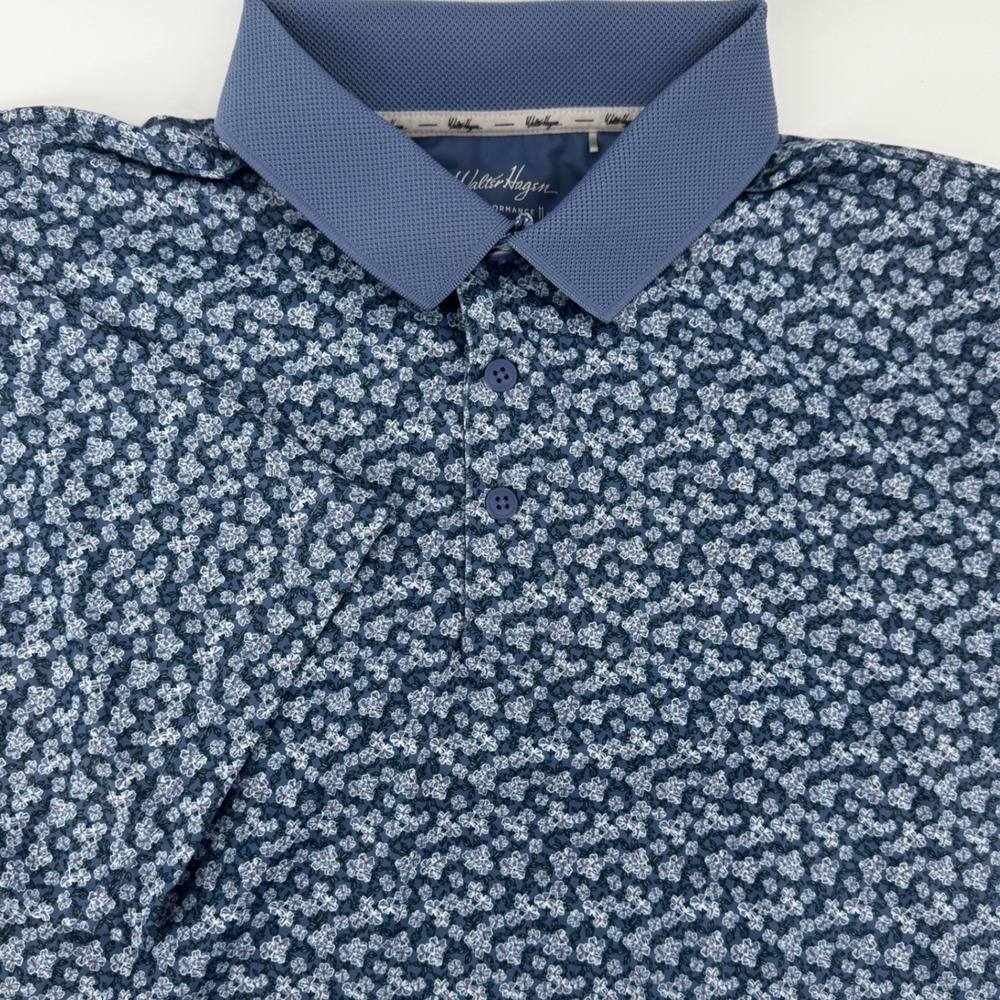 Walter Hagen Performance 11 Mens Blue Floral Golf Polo Shirt L Short Sleeve